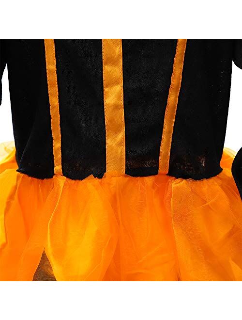 Witch Halloween Costume for Girls Kids, Pumpkin Dress Long Sleeve Cosplay Dress Includes Witch Hat
