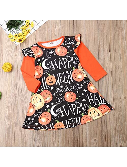 Toddler Kids Little Girls Halloween Dress Outfit Costumes Pumpkin Print Long Sleeve Playwear