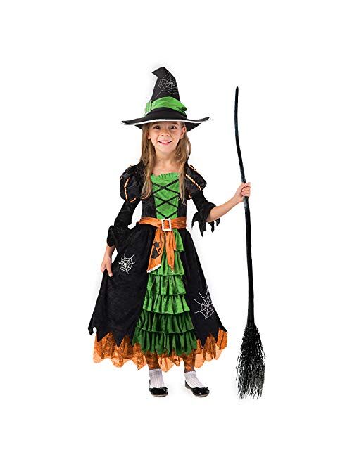 Fairytale Green Cute Witch Dress Halloween Costume Deluxe Set with Hat for Girls