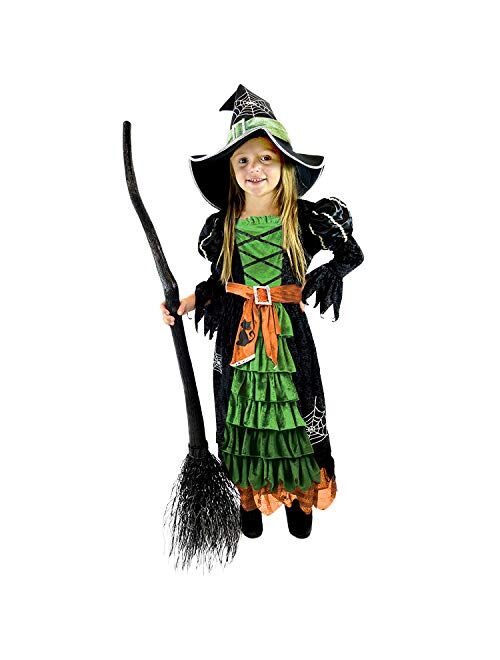 Fairytale Green Cute Witch Dress Halloween Costume Deluxe Set with Hat for Girls