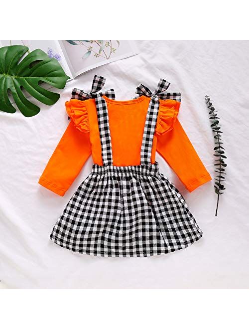 Halloween Thanksgiving Baby Girls Clothes Ruffle Flutter Sleeves Top+Pumpkin Strap Dress Skirt Toddler Outfit
