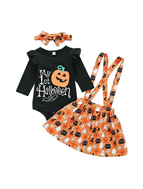 Baby Girl Halloween Outfit Ruffle Sleeve Romper+Pumpkin Suspender Skirt 2pcs Clothes Set