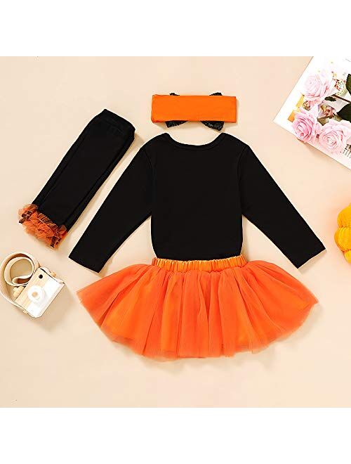 Newborn Baby Girls Halloween Skirt Set Sequin Pumpkin Patch Romper Tutu Dress Leggings with Headband 4pcs Outfits