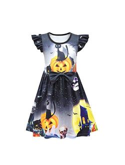 Jimdan Toddler Pumpkin Halloween Flutter Sleeve Dress for Girls