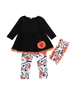 Toddler Baby Girls Clothes Halloween Ghost/Skull Long Sleeve Top Dress + Pumpkin Legging Pants Trousers Set Outfits