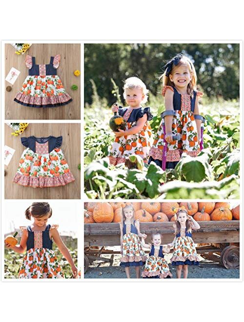 Halloween Pumpkin Print Toddler Kids Baby Girl Sleeveless Denim Patchwork A-line Dress Clothes Outfits 6M-5T