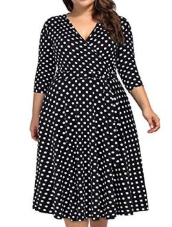 kissmay Plus Size Womens V Neck Floral Cocktail Party Midi Dresses with Pocket