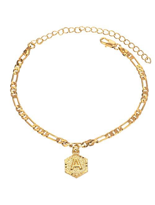 kelistom 18k Gold Plated 4mm Figaro Chain Initial Anklet for Women Fashion Ankle Bracelet with Letter Alphabet Foot Jewelry with Extension