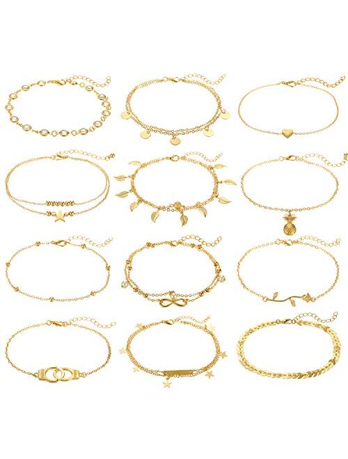 FUNEIA 12Pcs Anklets for Women Silver Gold Ankle Bracelets Set Boho Layered Beach Adjustable Chain Anklet Foot Jewelry