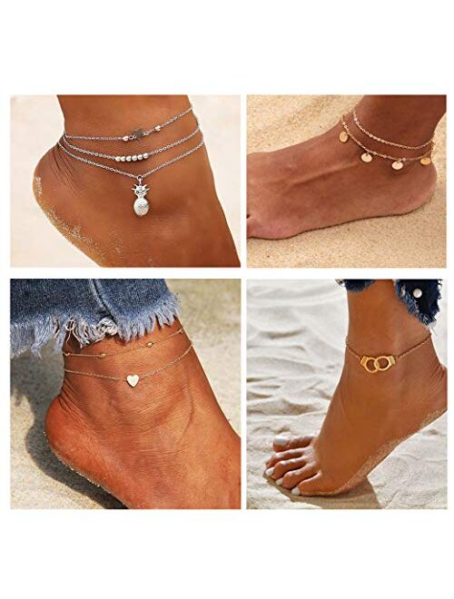 FUNEIA 12Pcs Anklets for Women Silver Gold Ankle Bracelets Set Boho Layered Beach Adjustable Chain Anklet Foot Jewelry