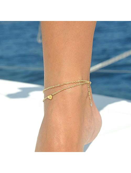 Turandoss Heart Initial Ankle Bracelets for Women, 14K Gold Filled Handmade Dainty Layered Anklet Letter Initial Heart Ankle Bracelets for Women Beach Jewelry Gifts