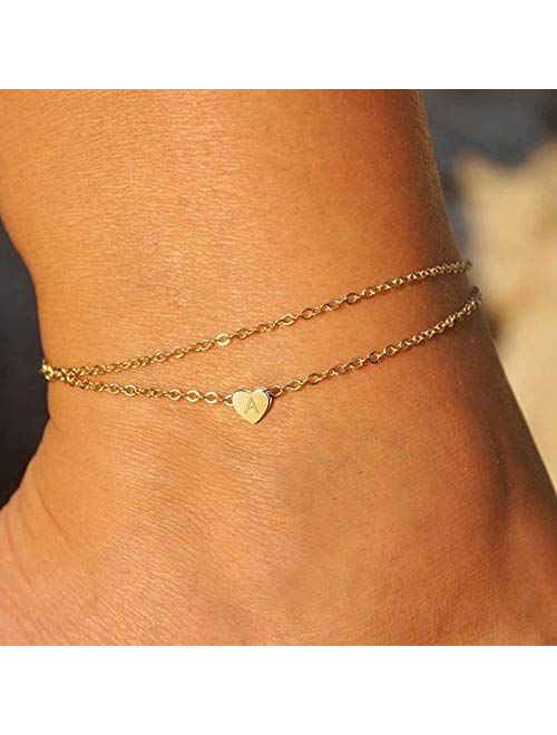 Turandoss Heart Initial Ankle Bracelets for Women, 14K Gold Filled Handmade Dainty Layered Anklet Letter Initial Heart Ankle Bracelets for Women Beach Jewelry Gifts