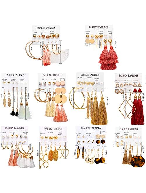 63 Pairs Colorful Earrings with Tassel Earrings Layered Ball Dangle Hoop Stud Jacket Earrings for Women Girls Jewelry Fashion and Valentine Birthday Party Gift