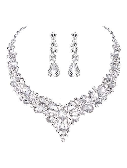 Molie Youfir Bridal Austrian Crystal Necklace and Earrings Jewelry Set Gifts fit with Wedding Dress