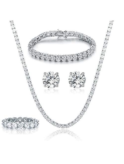GEMSME 18K White Gold Plated Tennis Necklace/Bracelet/Earrings/Band Ring Sets Hypoallergenic Jewelry Pack of 4