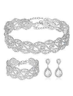 3-4 Pack Rhinestone Crystal Choker Necklace Tiara Crown Link Bracelet Teardrop Dangle Earrings Jewelry Sets for Women Girls, Womens Bridal Wedding Bridesmaid Party Birthd