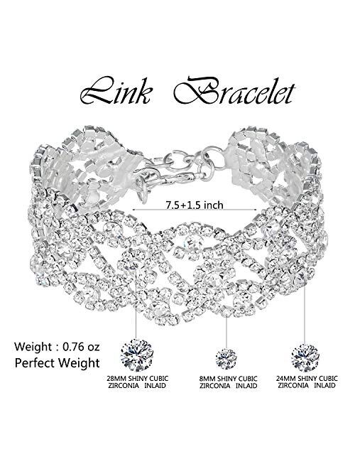 3-4 Pack Rhinestone Crystal Choker Necklace Tiara Crown Link Bracelet Teardrop Dangle Earrings Jewelry Sets for Women Girls, Womens Bridal Wedding Bridesmaid Party Birthd