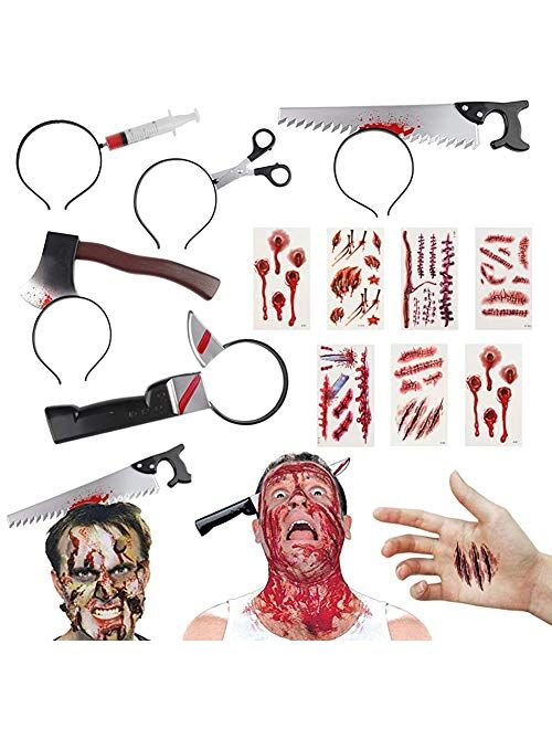 BigOtters Halloween Headbands, 23PCS Halloween Horror Set Including 5PCS Headwear Cleaver Bloody Headpieces and 18PCS Zombie Tattoos Stickers for Tricky Toys Costume Part