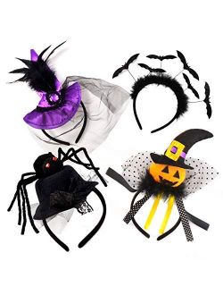 Set of 4 Halloween Pumpkin Witch Spider Headbands by Spooktacular Creations for Halloween Party Supplies, Cosplay, Photo Booth (One Size Fit All)