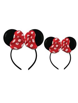 Minnie Mouse Sparkled Ear Shaped Headband with Polka Dot Bow, Mommy and Me Set, Include One Adult Size and One for Little Girl Age 2-7