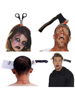 Halloween Costume Scary Weapon Headbands, 4 Packs Rubber Plastic Knife Axe Cleaver and Scissor Through Head, Zombie Accessories Makeup for Teen Girls Boys Men Women Adult