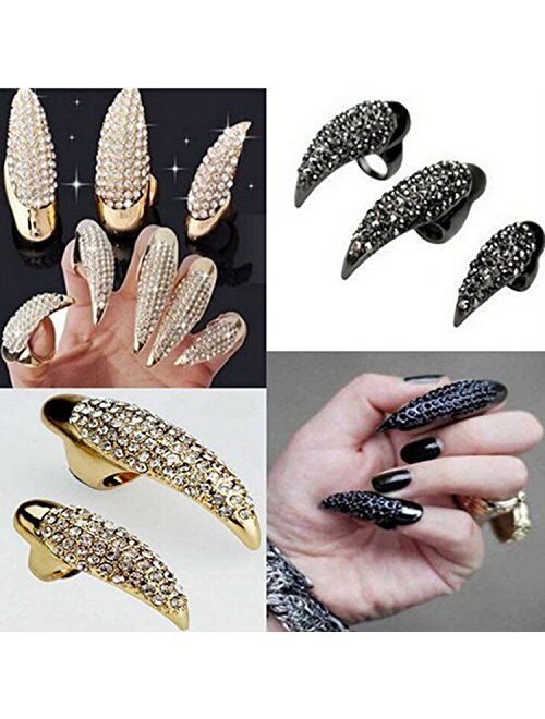 Bestga 10 PCS Halloween Costume Claws Fake Nails Ring Set, Gothic Punk 3 Sizes Crystal Full Finger Rings Paved Paw Bend Fingertip Fingernail Claw Girls Women Men Ring Fal
