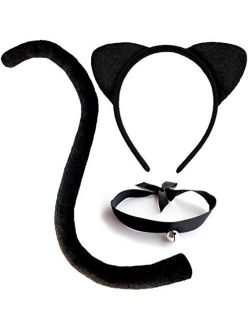 Cat Costume Accessories Cat Ears and Tail Set Black Animal Halloween Accessory Kit for Women/Kids/Adults Sexy Cat Cosplay Pack with Bell Choker Necklace 3 PCS