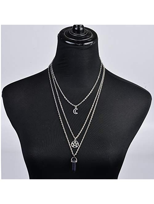 MJartoria Moon Pentagram Necklace Pentacle Chakra Charm Pendant Multi Layer Alloy Chain Choker Necklace Set Gothic Jewelry