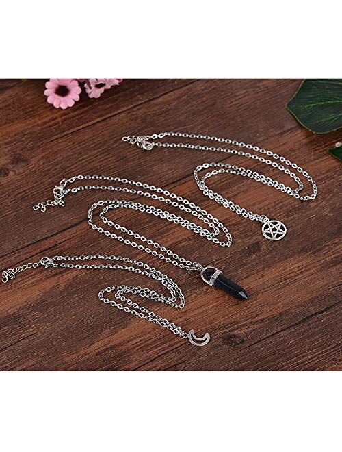 MJartoria Moon Pentagram Necklace Pentacle Chakra Charm Pendant Multi Layer Alloy Chain Choker Necklace Set Gothic Jewelry