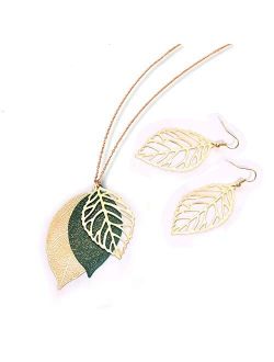 NVENF Leaf Earrings and Long Necklaces Set for Women Boho Gold-Tone Multi Tiered Leaves Delicate Chain Dangle Necklace SimpleLeaf Statement Dangling Earrings