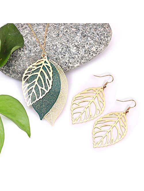 NVENF Leaf Earrings and Long Necklaces Set for Women Boho Gold-Tone Multi Tiered Leaves Delicate Chain Dangle Necklace SimpleLeaf Statement Dangling Earrings