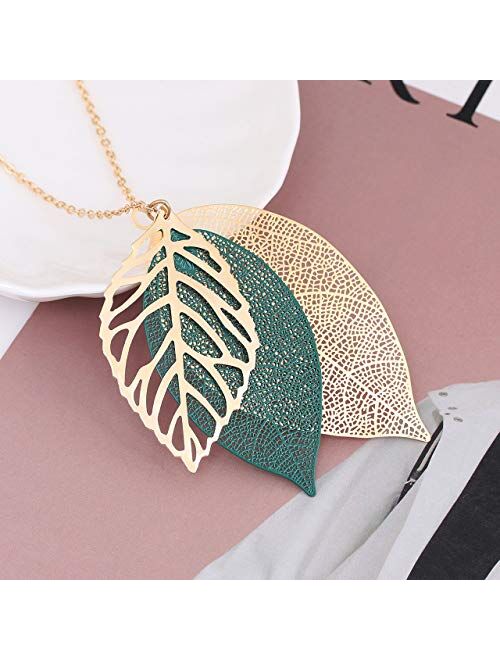 NVENF Leaf Earrings and Long Necklaces Set for Women Boho Gold-Tone Multi Tiered Leaves Delicate Chain Dangle Necklace SimpleLeaf Statement Dangling Earrings