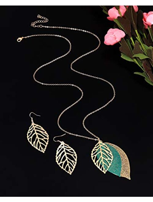 NVENF Leaf Earrings and Long Necklaces Set for Women Boho Gold-Tone Multi Tiered Leaves Delicate Chain Dangle Necklace SimpleLeaf Statement Dangling Earrings