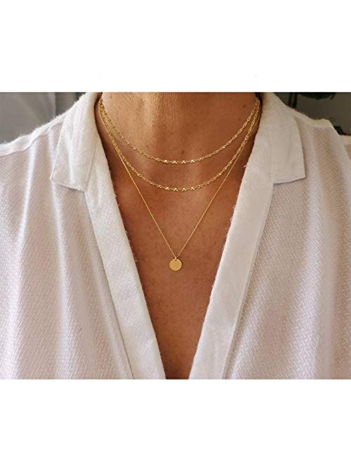 Aisansty Dainty Layered Choker Necklaces Handmade Coin Tube Star Pearl Pendant Multilayer Adjustable Layering Chain Gold Plated Necklaces Set for Women Girls