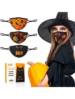 Halloween Face Mask, 3PCSKids Face Masks Reusable & Breathable with Pumpkin Halloween Pattern Adjustable Elastic Ear Loop, Indoors and Outdoors Use Anti-Haze Dust(5-14 Ye