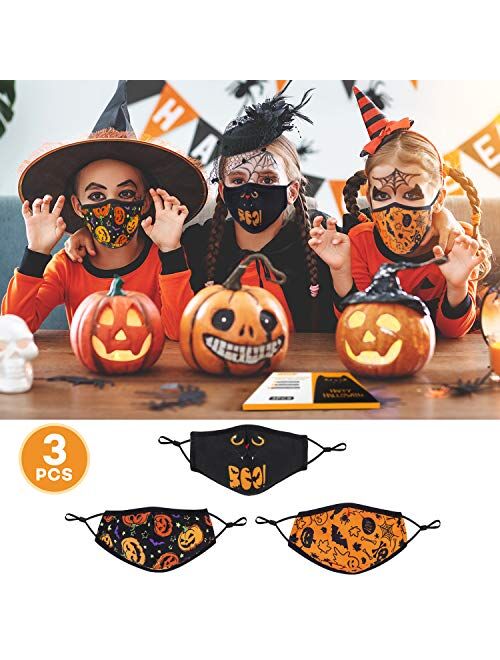 Halloween Face Mask, 3PCSKids Face Masks Reusable & Breathable with Pumpkin Halloween Pattern Adjustable Elastic Ear Loop, Indoors and Outdoors Use Anti-Haze Dust(5-14 Ye