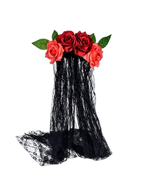 Halloween Headband with Black Lace Veil, BicycleStore Elastic Rose Flower Hair Band Red Roses Mesh Lace Hair Accessories, Halloween Ghost Bride Party Headdress for Girls 