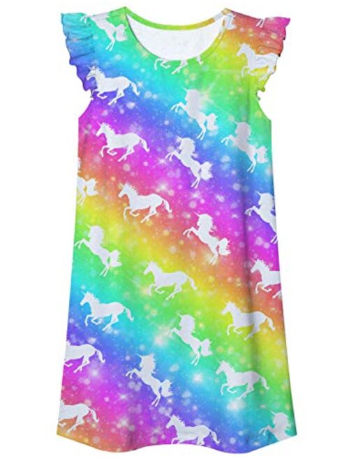 Funnycokid Little Girls Nightgowns Pajamas Dress Cute Summer Flutter Sleeve Sleepwear Nightie Nightshirt for 5-12 Years