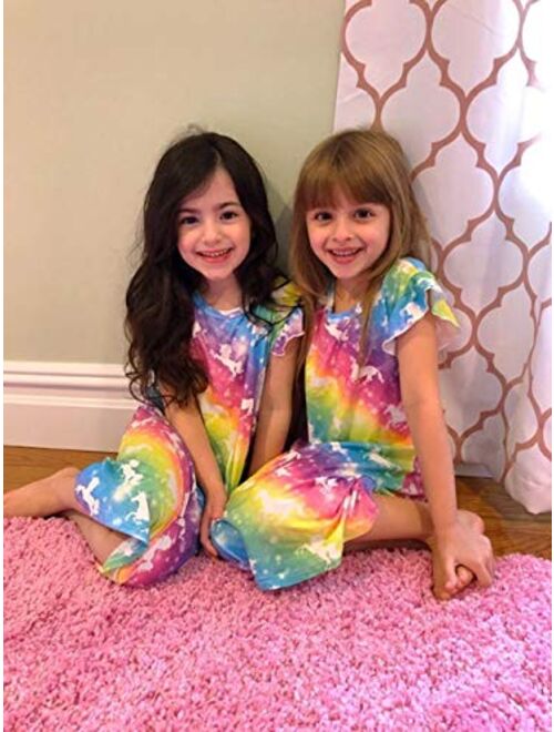 Funnycokid Little Girls Nightgowns Pajamas Dress Cute Summer Flutter Sleeve Sleepwear Nightie Nightshirt for 5-12 Years