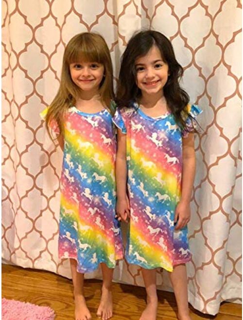 Funnycokid Girls Nightgowns Pajamas Dress 3D Printed Flutter Sleeve Sleepwear Nightdress Nightshirt for 5-12 Years 