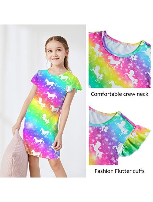 Funnycokid Little Girls Nightgowns Pajamas Dress Cute Summer Flutter Sleeve Sleepwear Nightie Nightshirt for 5-12 Years