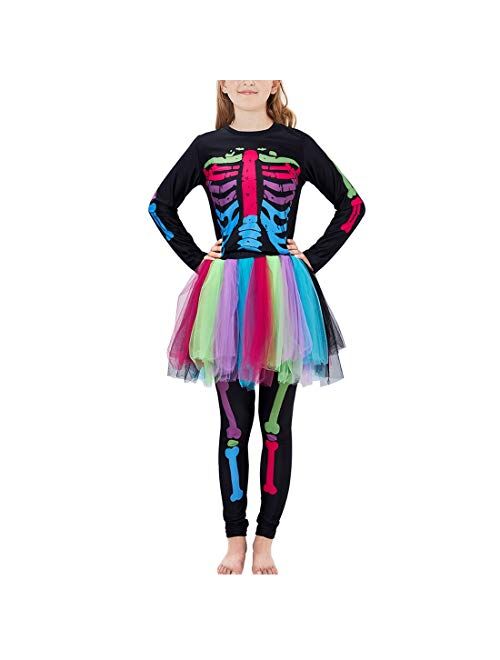 Enlifety Girls Boys Halloween Bodysuit Novelty 3D Skeleton Print Jumpsuit 7-14T