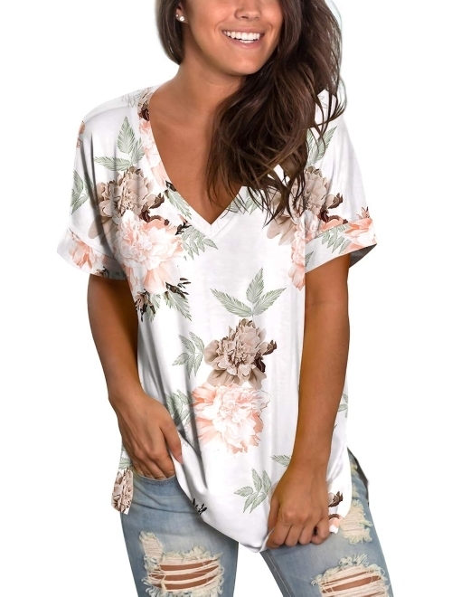 SAMPEEL Women's Tops Summer Short Sleeve Shirts V Neck T Shirt Side Split Loose Fit Tunic