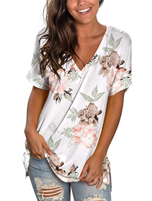SAMPEEL Women's Tops Summer Short Sleeve Shirts V Neck T Shirt Side Split Loose Fit Tunic
