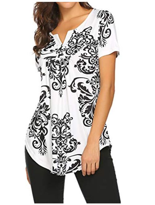 Women's Floral Printed Short Sleeve Henley V Neck T-Shirt Pleated Casual Flowy Tunic Blouse Tops