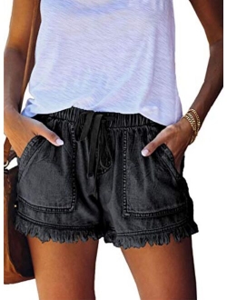 Womens Casual Shorts Summer Drawstring Elastic Waist Comfy Pure Color Short with Pockets