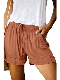 Womens Casual Shorts Summer Drawstring Elastic Waist Comfy Pure Color Short with Pockets