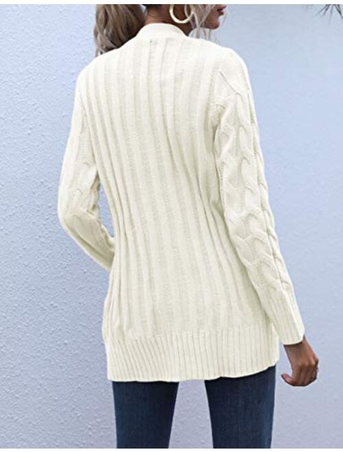 MEROKEETY Women's Long Sleeve Cable Knit Sweater Open Front Cardigan Button Loose Outerwear