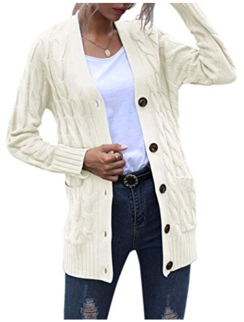 MEROKEETY Women's Long Sleeve Cable Knit Sweater Open Front Cardigan Button Loose Outerwear
