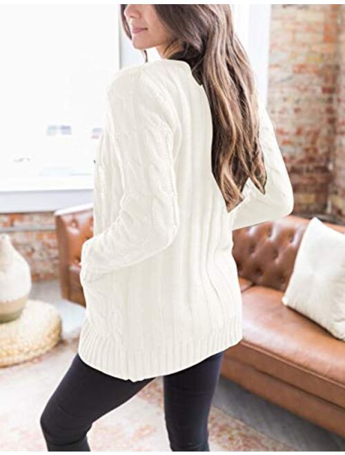MEROKEETY Women's Long Sleeve Cable Knit Sweater Open Front Cardigan Button Loose Outerwear